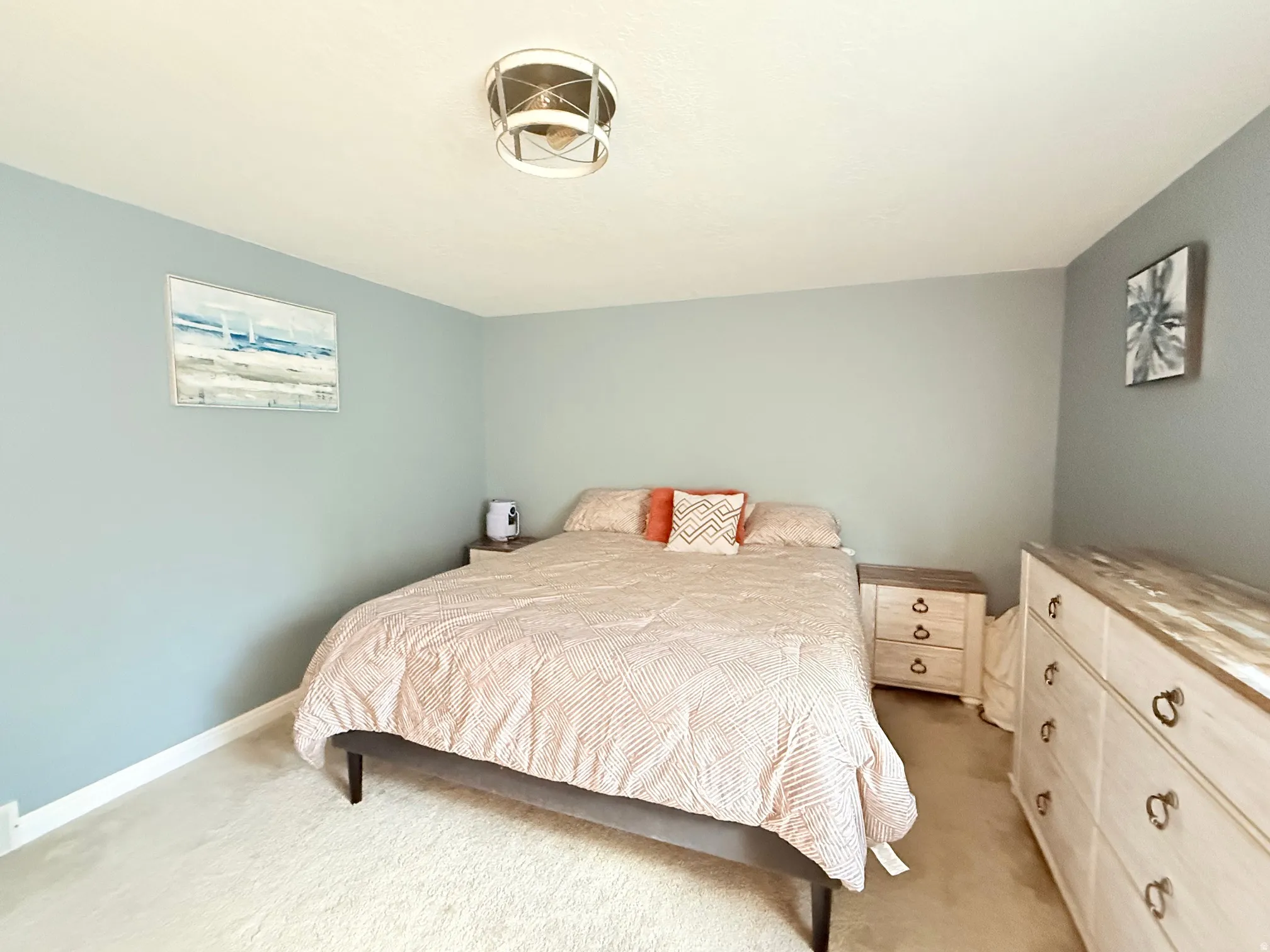 Wall-to-wall carpeting and a ceiling-mounted light fixture illuminate this room