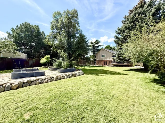 Expansive green lawn with a rock retaining wall and raised garden beds