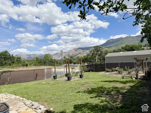 Expansive lawn area with a chain-link fence, a storage shed, and a wooden trellis