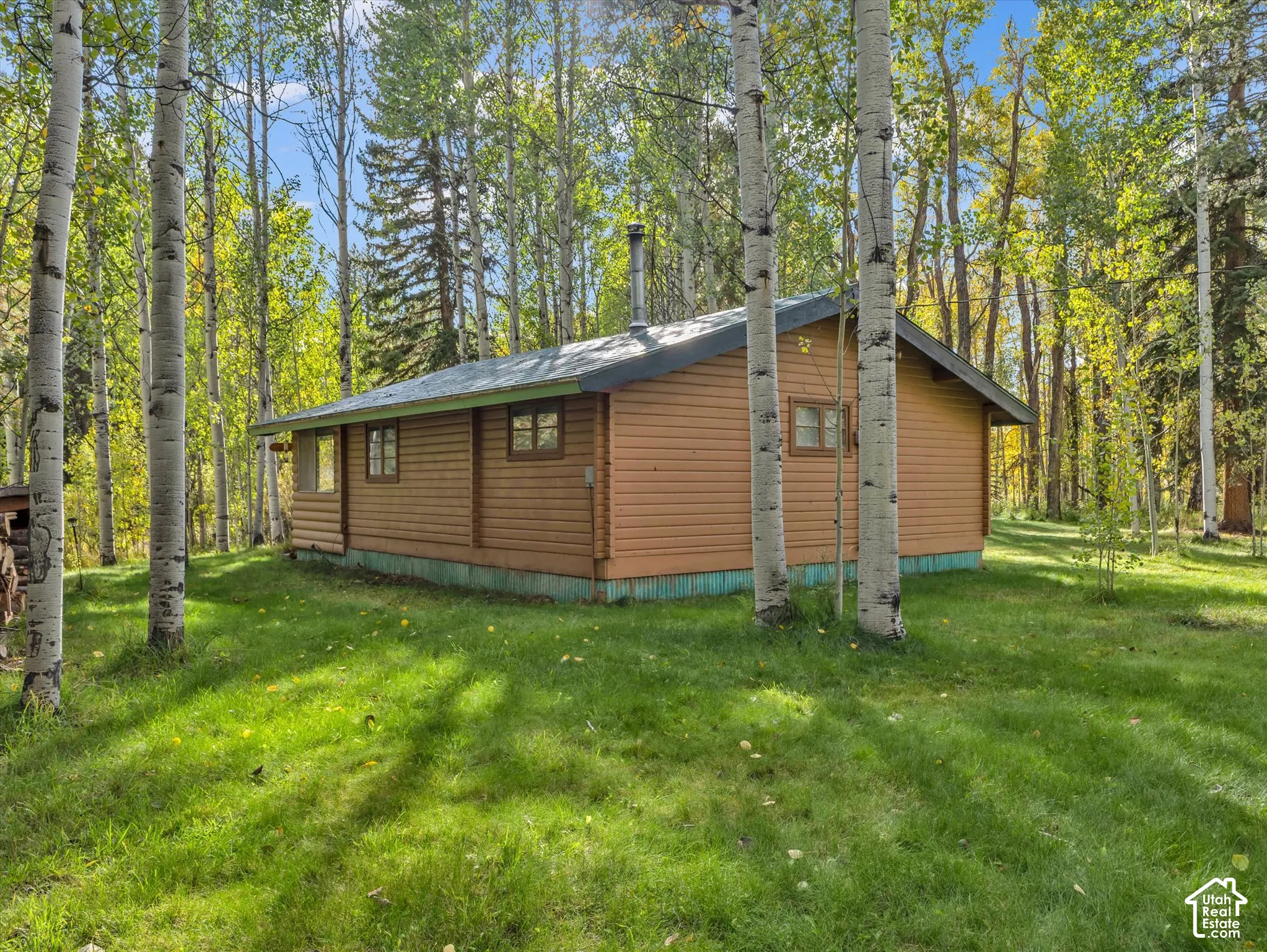Wood-sided cabin featuring multiple windows, a dark roof, and a chimney