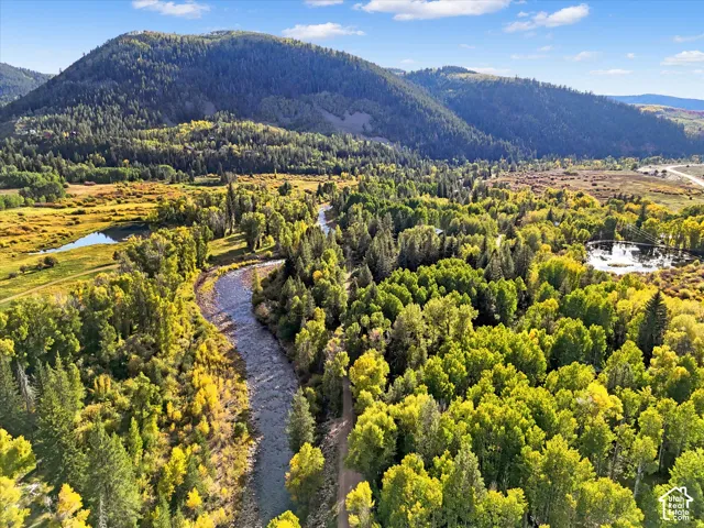 Expansive natural landscape featuring a winding river, dense deciduous and evergreen trees, a distant mountain range, and scattered bodies of water