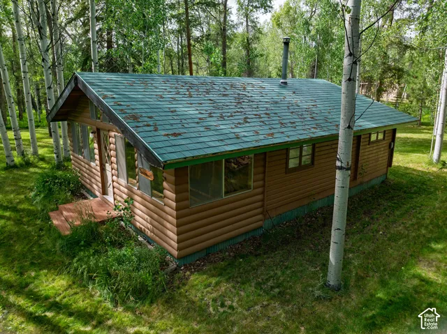 Log-style exterior siding, green shingle roof, wood entry door, and wood steps