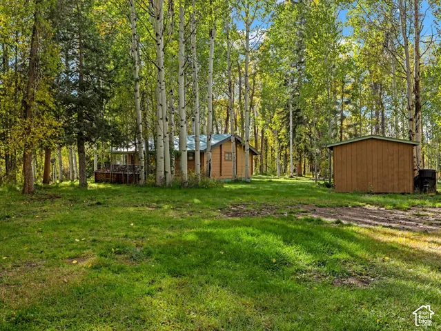 Wood-sided property with a metal roof surrounded by mature trees and a secondary wood-sided structure