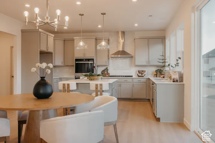 Modern kitchen featuring light gray cabinetry, stainless steel appliances, a center island with seating, a tile backsplash, and light wood-finish flooring