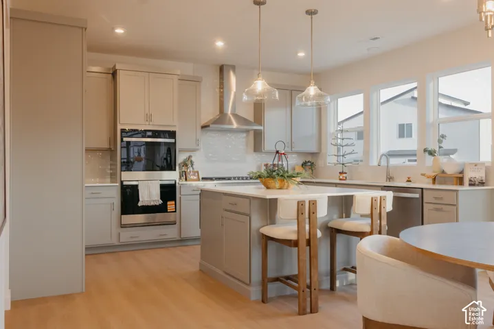 Kitchen featuring light wood-finish flooring, stainless steel appliances, a center island with countertop, pendant lighting, and multiple windows