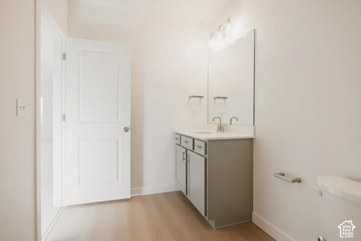 Light wood-finish flooring, white panel door, gray vanity with silver hardware, integrated sink, and large wall-mounted mirror