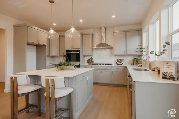 Kitchen featuring a central island, light wood-finish flooring, recessed lighting, and a stainless steel range hood
