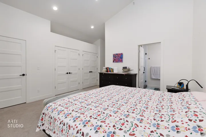 Vaulted ceiling featuring recessed lighting, paneled doors with matte black hardware, and carpet flooring