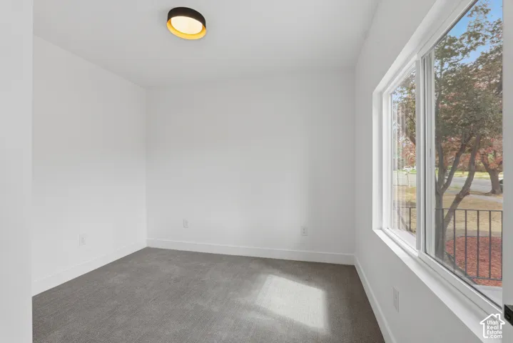 Bright room featuring white walls, gray carpet flooring, a modern flush-mount ceiling light, and a large window with white framing