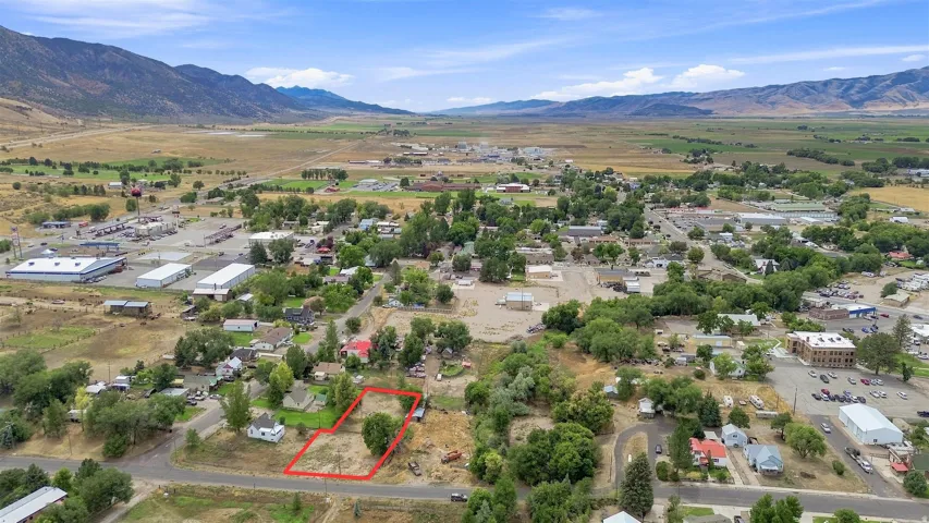 Expansive land parcel outlined in red, featuring mature trees and a flat topography, set within a developed neighborhood with several commercial and residential structures