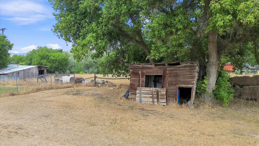 Expansive outdoor area featuring mature trees and multiple outbuildings