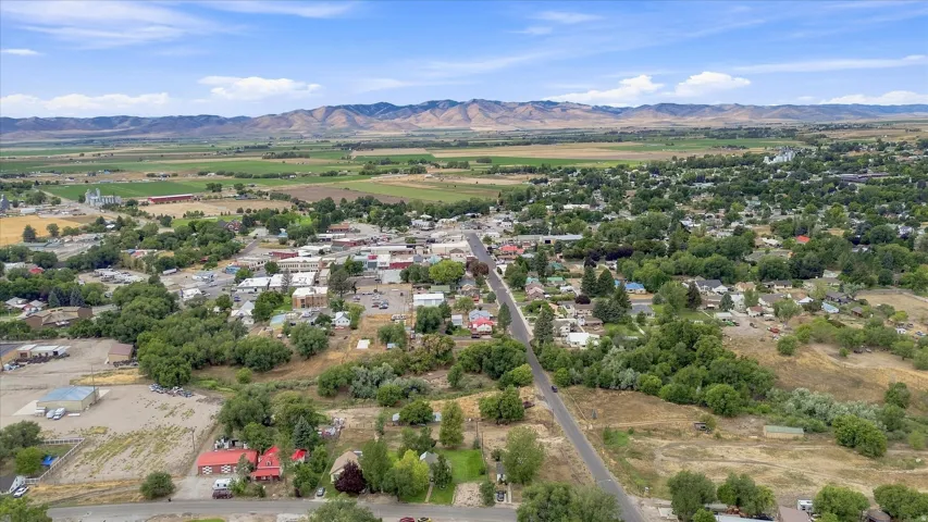 Expansive rural landscape featuring distant mountains and a town with various buildings and mature trees