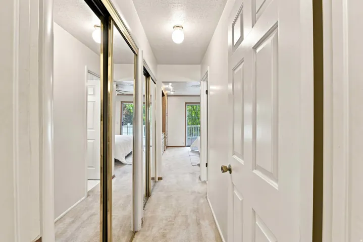 Hallway with neutral carpeting, mirrored closet doors, paneled interior doors, and overhead dome lighting