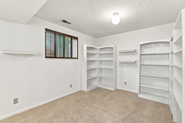 Built-in shelving, plush carpeting, window with blinds, and recessed lighting