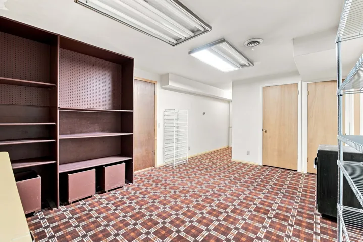 Built-in shelving with pegboard backing, patterned floor covering, multiple wood-finish doors, fluorescent overhead lighting, and white walls