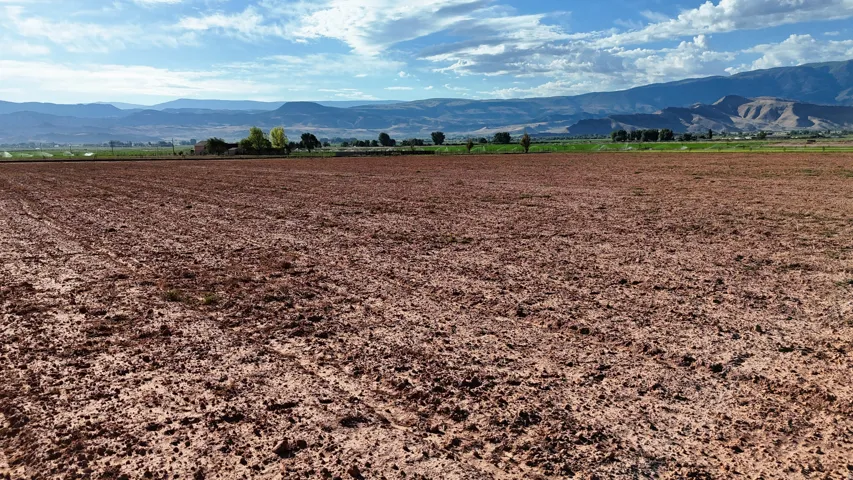 Expansive tilled ground with distant mountains