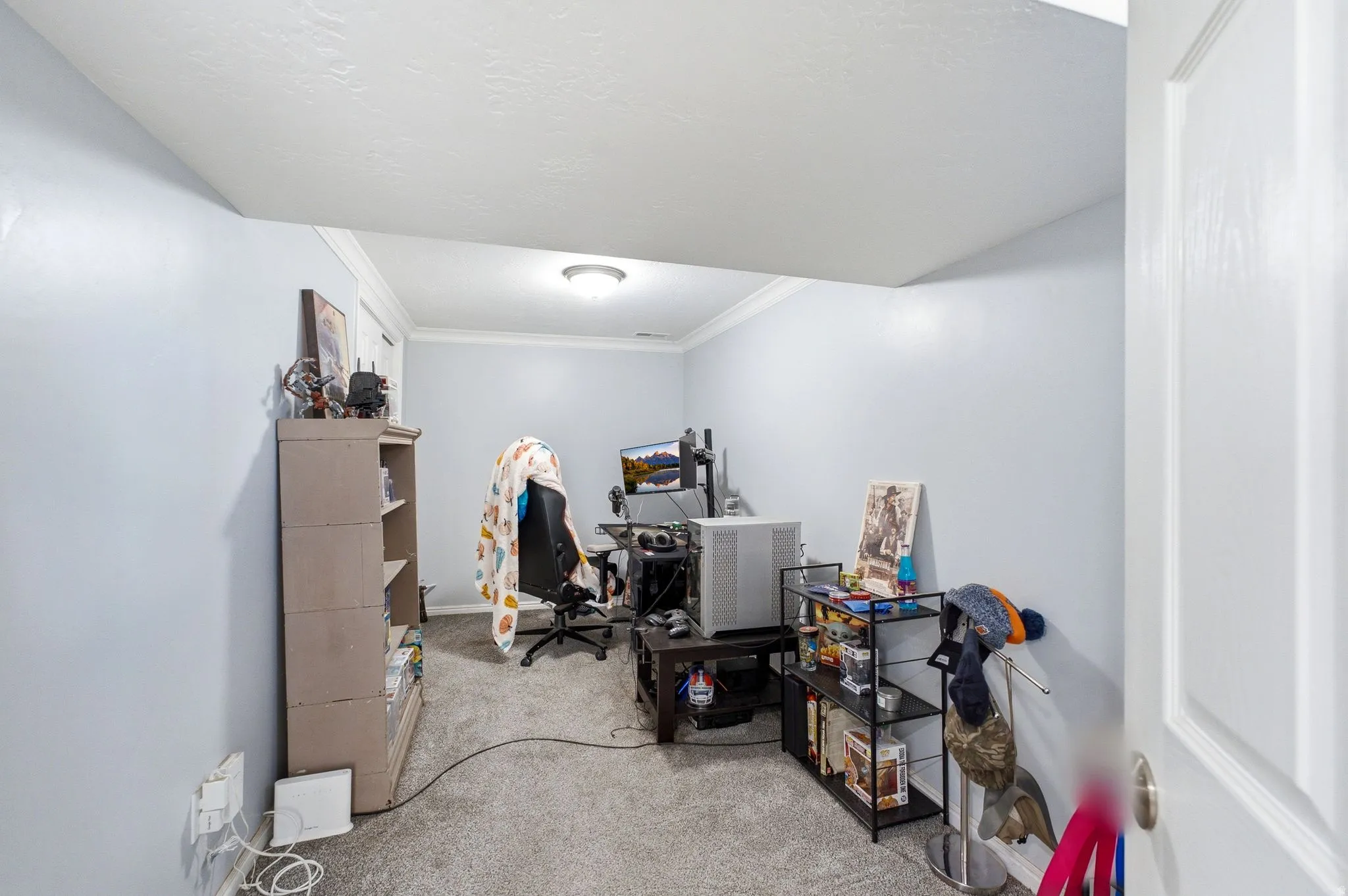 Carpeted interior space with light-colored walls, crown molding, and a flush-mount ceiling light