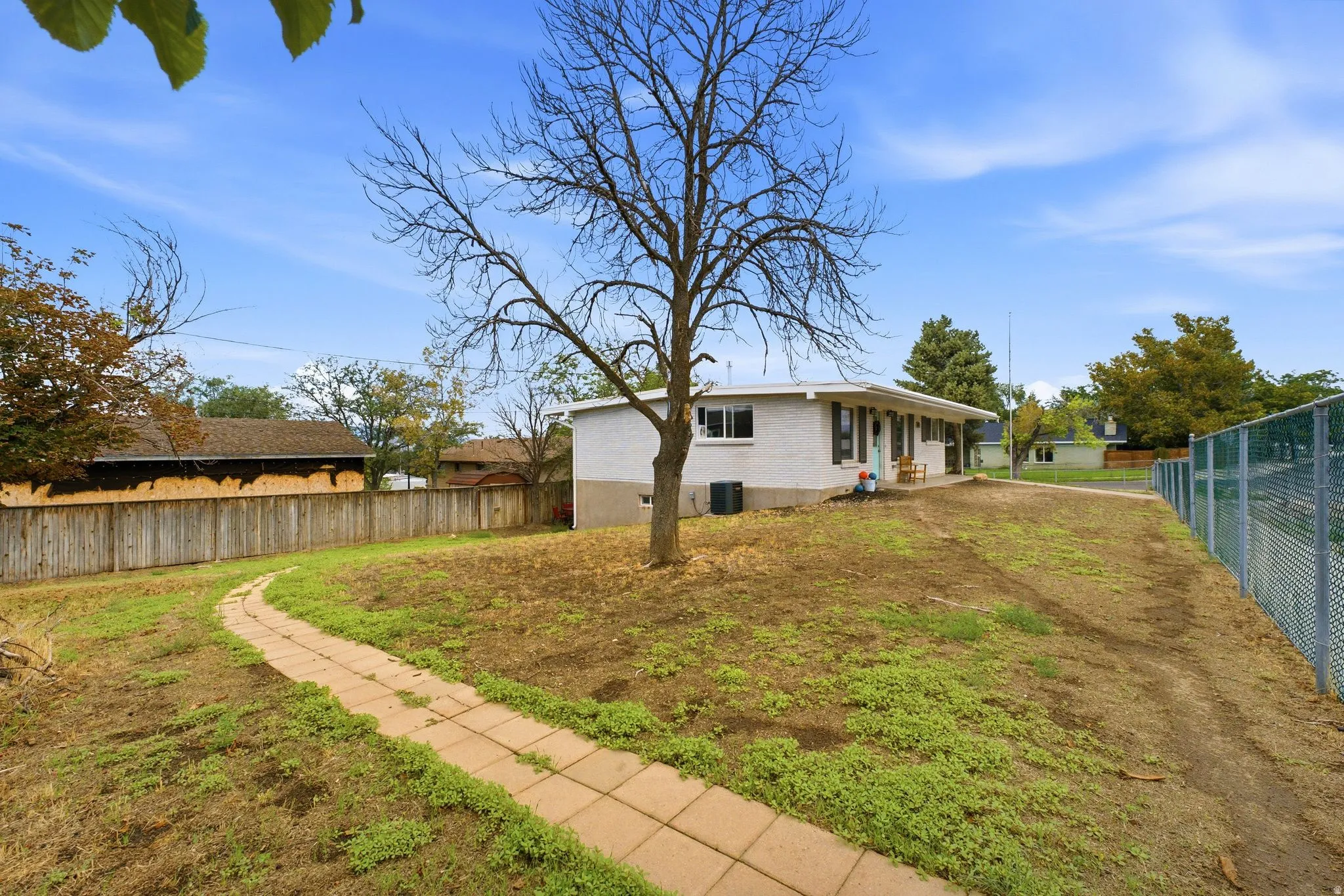 Expansive outdoor space featuring a paved walkway, mature tree, and chain-link fencing