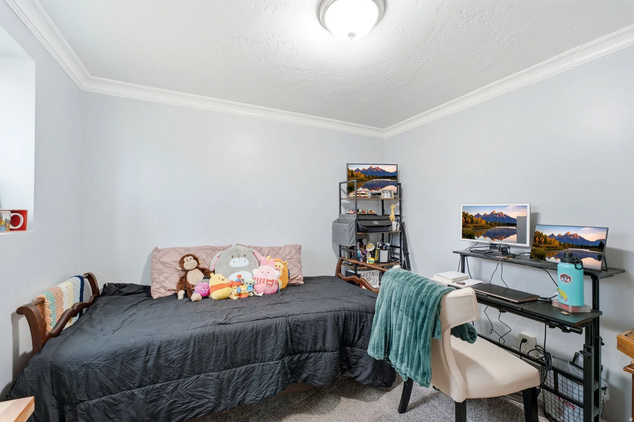 Recessed window opening, crown molding, and ceiling-mounted light fixture