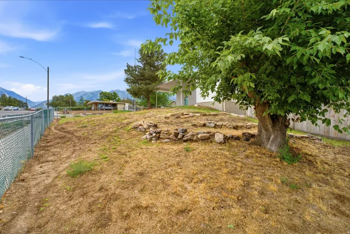 Spacious grounds featuring mature shade trees, level terrain ideal for expansion or recreational use, and established fencing along the perimeter