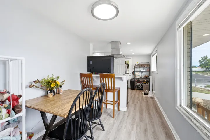Bright interior with light gray walls, wood-finish flooring, a contemporary ceiling light fixture, and a large window providing natural light