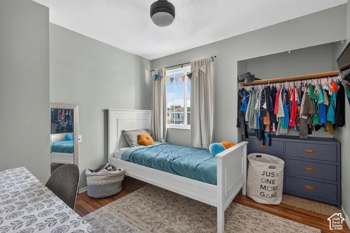 Recessed closet with a built-in dresser, a large window, a ceiling fan, and wood-finish flooring