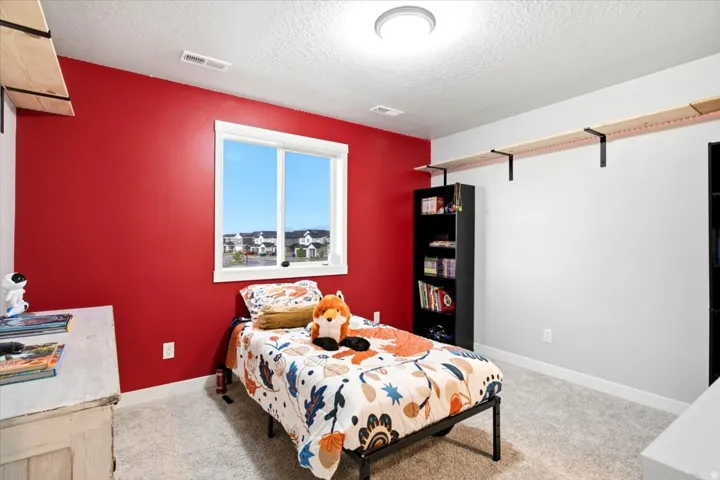 Expansive window, built-in shelving, plush carpet, and ceiling-mounted lighting