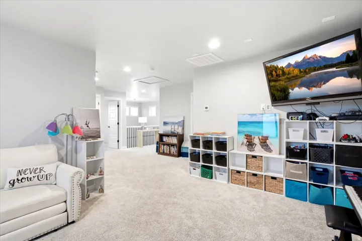 Expansive open space with light-toned carpeting and recessed lighting