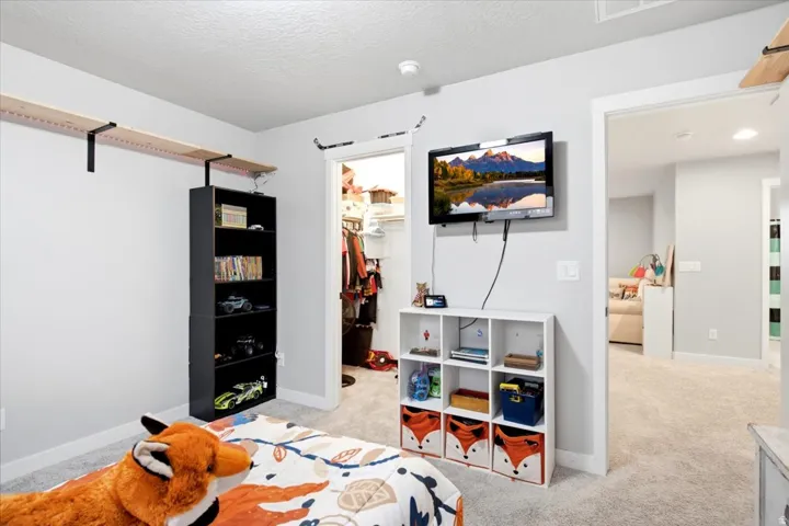 Light gray wall paint, wall-mounted shelving, built-in closet with shelving, light-colored carpeting, and a white interior door frame