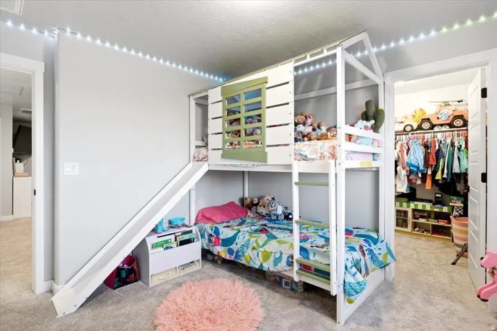 Neutral gray wall paint, plush carpet flooring, built-in closet organization system, and white trim work