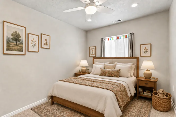 Ceiling fan with integrated lighting, recessed lighting, window with drapes, upholstered headboard, and wood-finish flooring