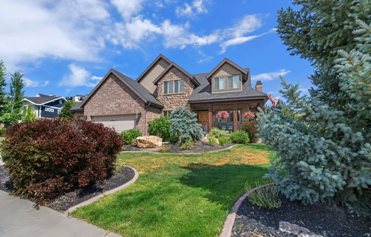 Brick and stone exterior with gable rooflines
