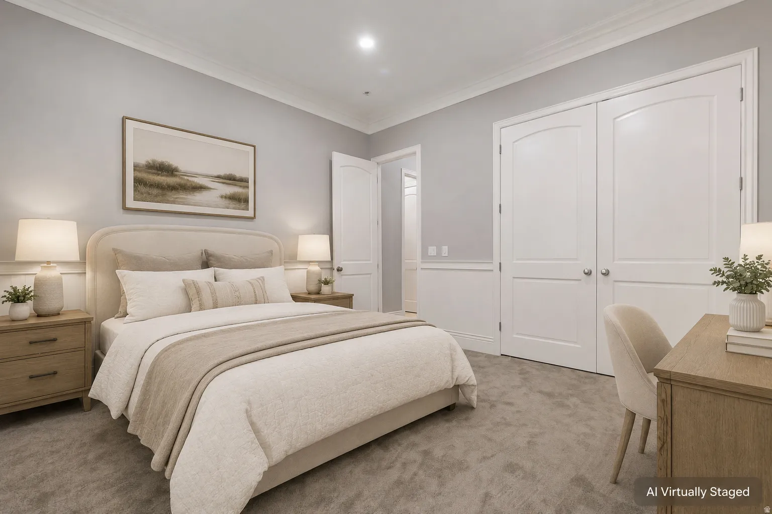 Wall paneling detail, light gray wall finish, white arch-top double doors, crown molding, and recessed ceiling lighting