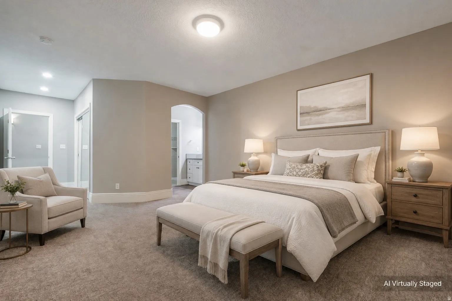 Arched entryway, recessed lighting, ceiling-mounted light fixture, carpet flooring, and a sliding door