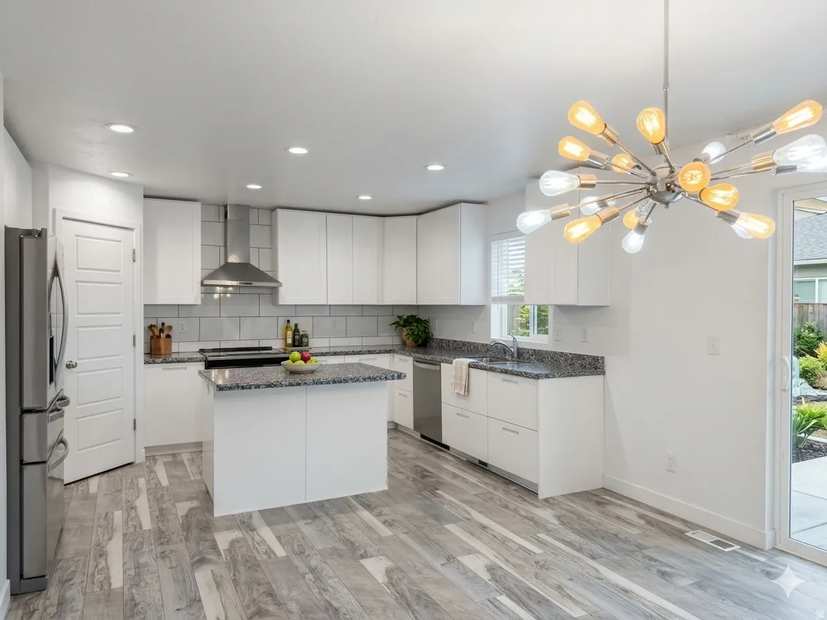 AI Enhanced | Newly added upper cabinets | Modern kitchen featuring light wood-finish flooring, white cabinetry, a center island, and stainless steel appliances