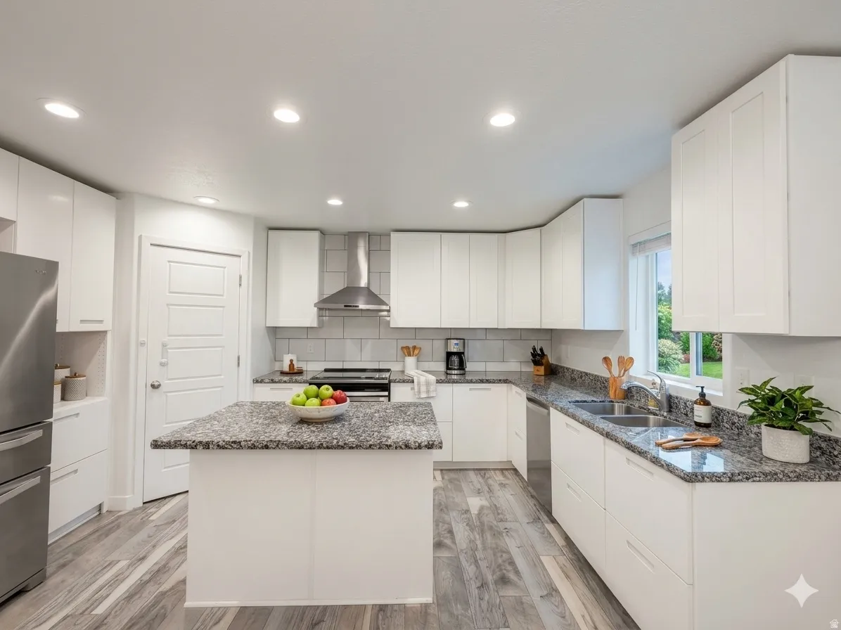AI Enhanced | Newly added upper cabinets | Modern kitchen featuring an island with stone-finish countertop, stainless steel appliances, recessed lighting, white cabinetry, and wood-finish flooring