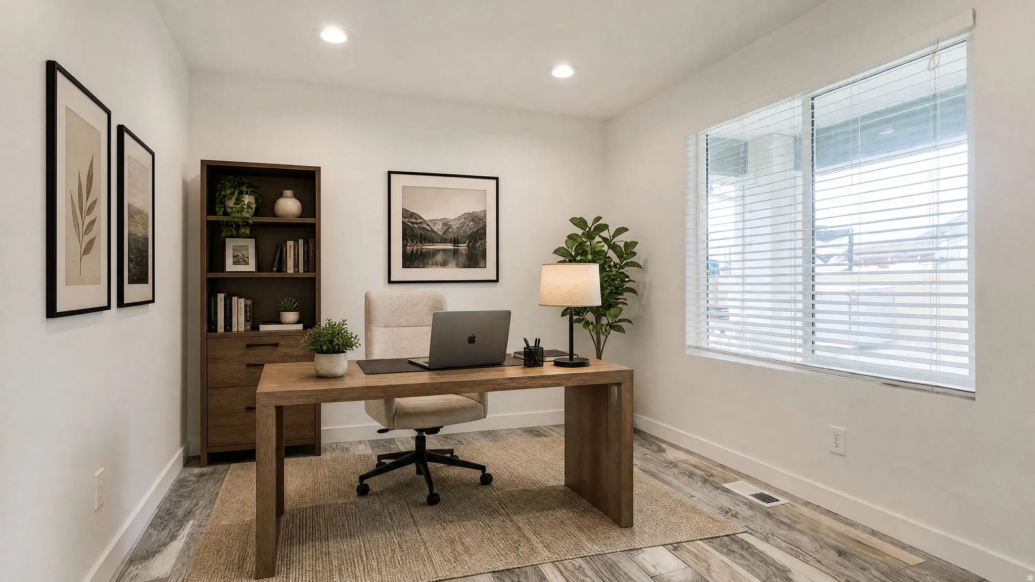 VIRTUALLY STAGED | Recessed lighting, wood-finish flooring, and a large window with horizontal blinds