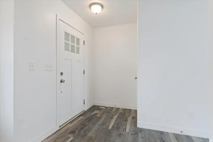 Entryway featuring a white paneled door with glass inserts, wood-finish flooring, and a flush mount ceiling light