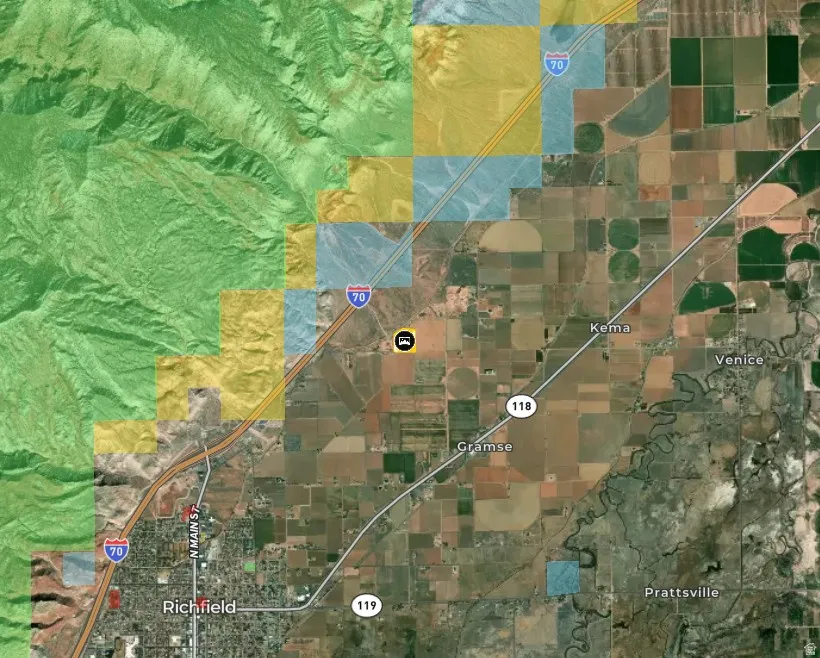 Geographic Information System (GIS) Map. Displaying land cover, infrastructure, and urban areas within the property's region
