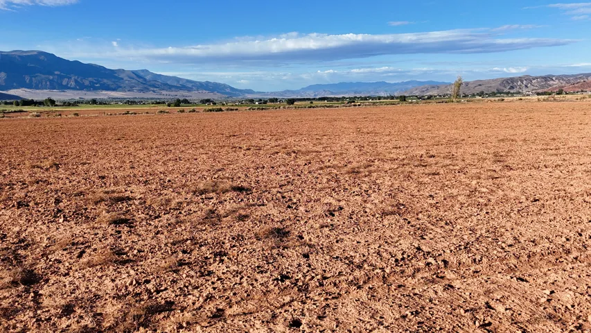 Expansive open land with a distinct red-brown soil and distant mountain range