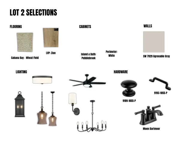 Lot 2 Selections. Detailing material and fixture specifications for the property