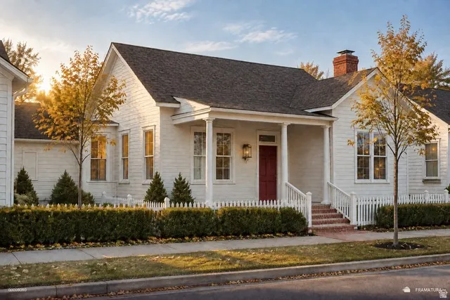 White clapboard siding exterior with a dark shingle roof