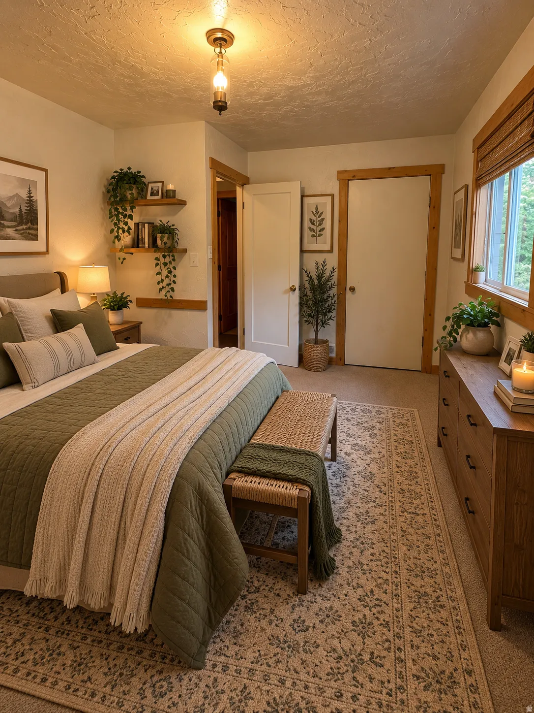 Recessed ceiling lighting with a decorative fixture, wood-finish window blinds, floating shelves, and built-in closet doors