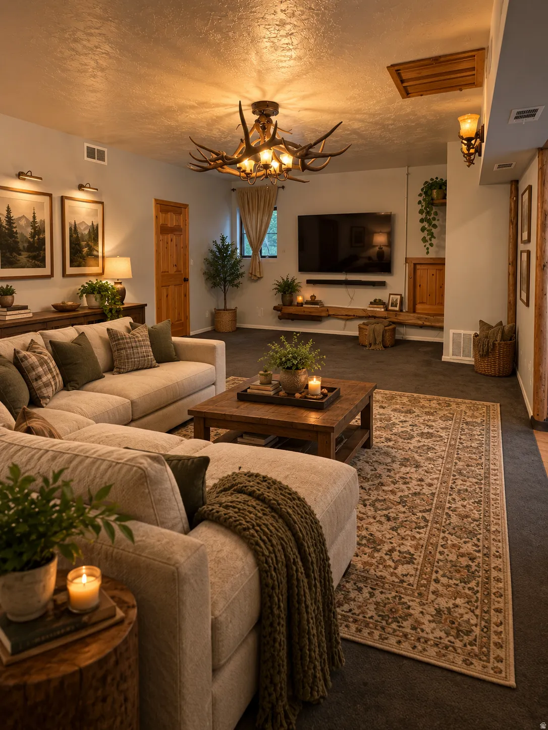 Spacious living area featuring a custom antler-style chandelier, wood-finish door, wall-mounted light fixtures, and plush carpeting