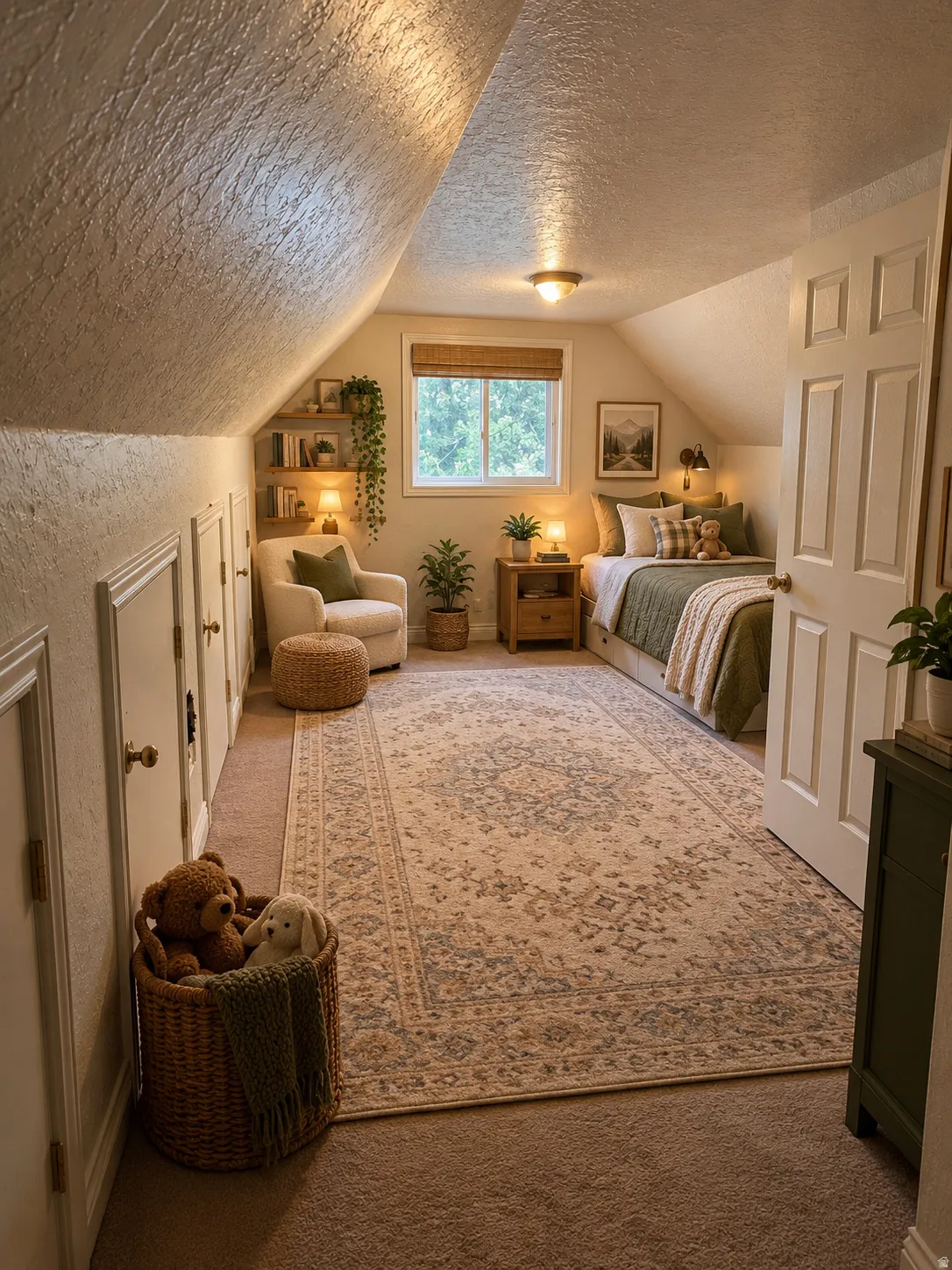 Angled ceiling lines with recessed storage access