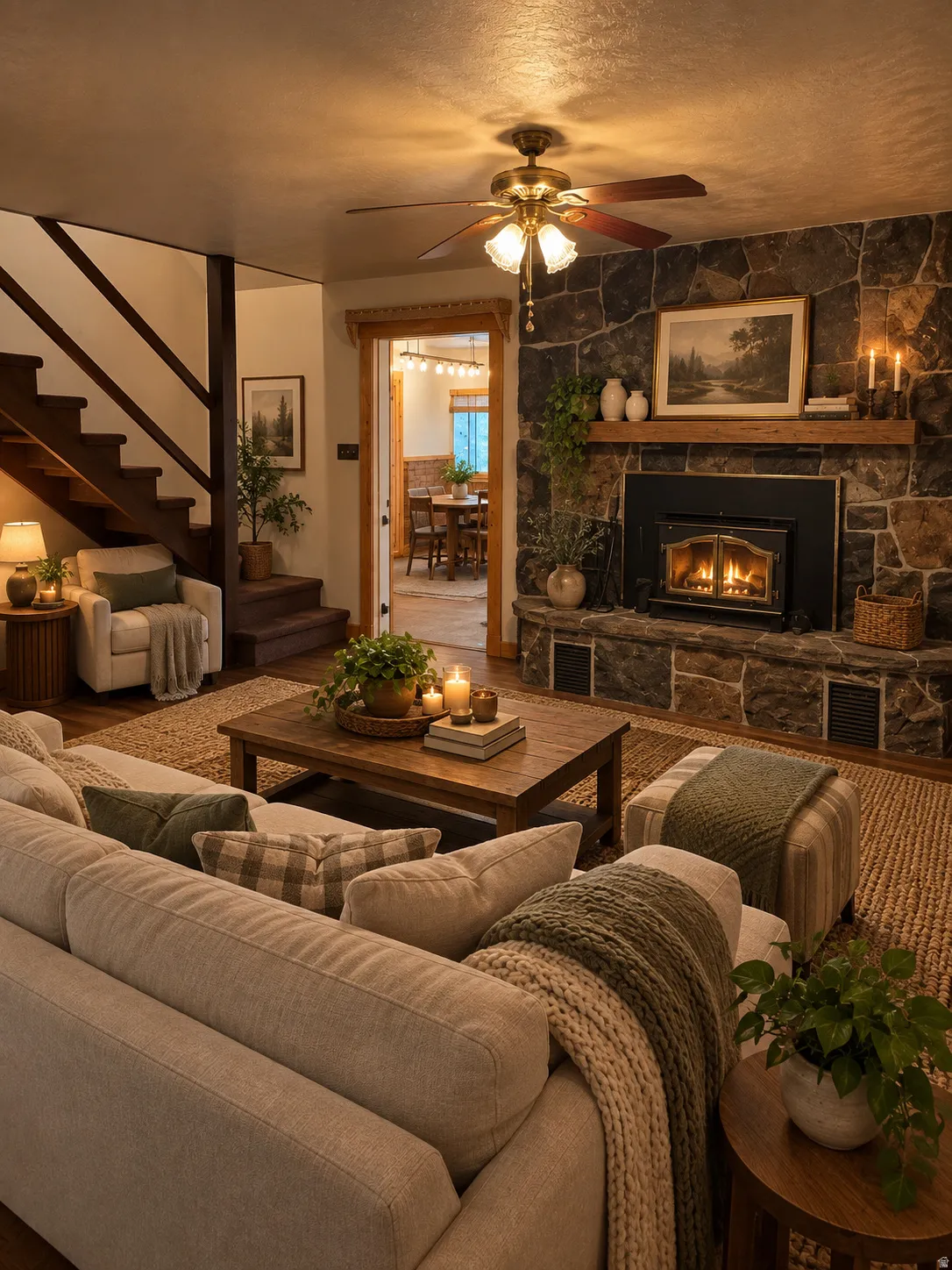 Stone-clad fireplace with wood-beam mantel, built-in wood-burning insert, and ceiling fan with integrated lighting