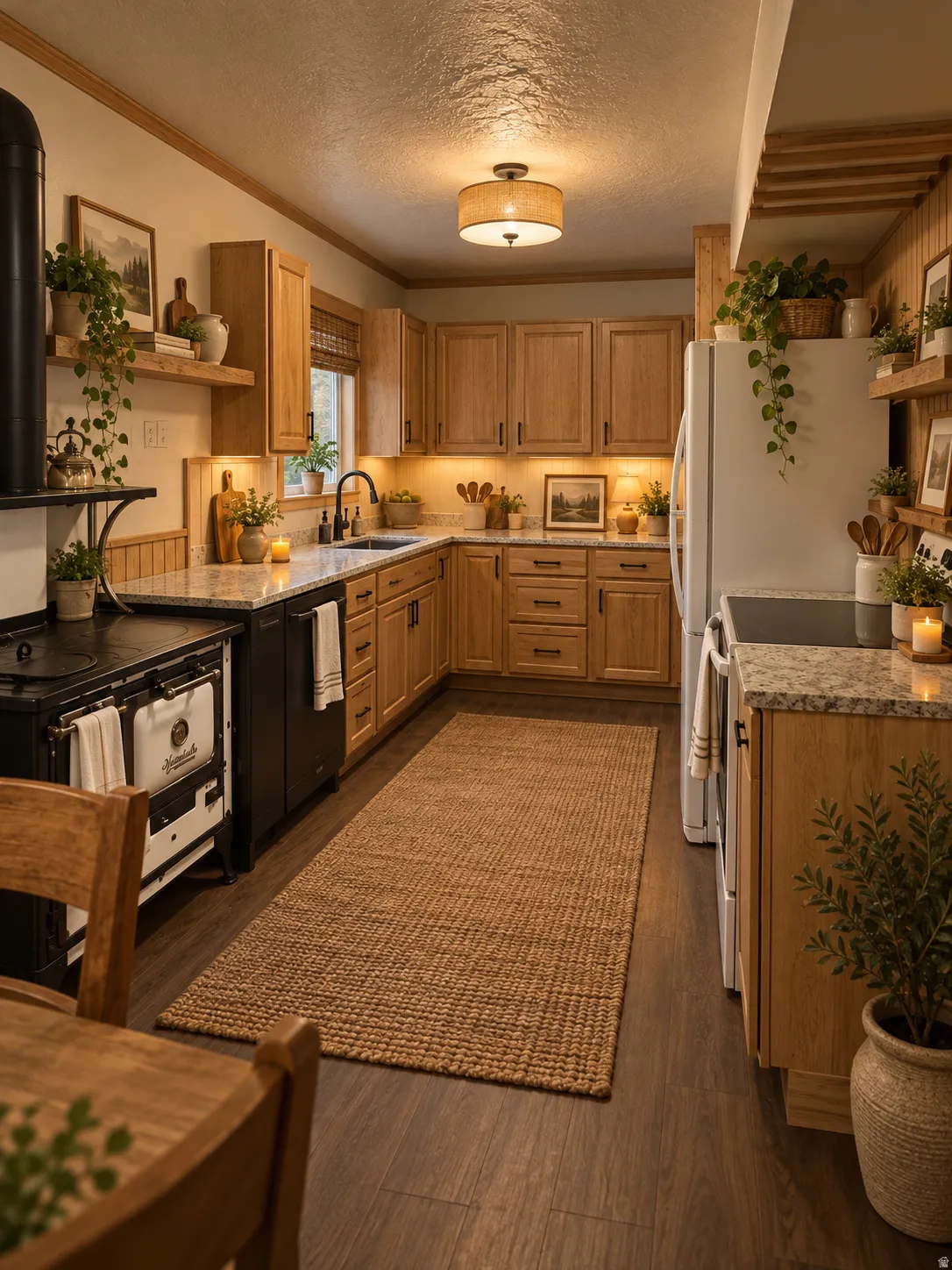 U-shaped kitchen with wood-finish flooring, recessed lighting, wood cabinetry, stone countertops, and a built-in range
