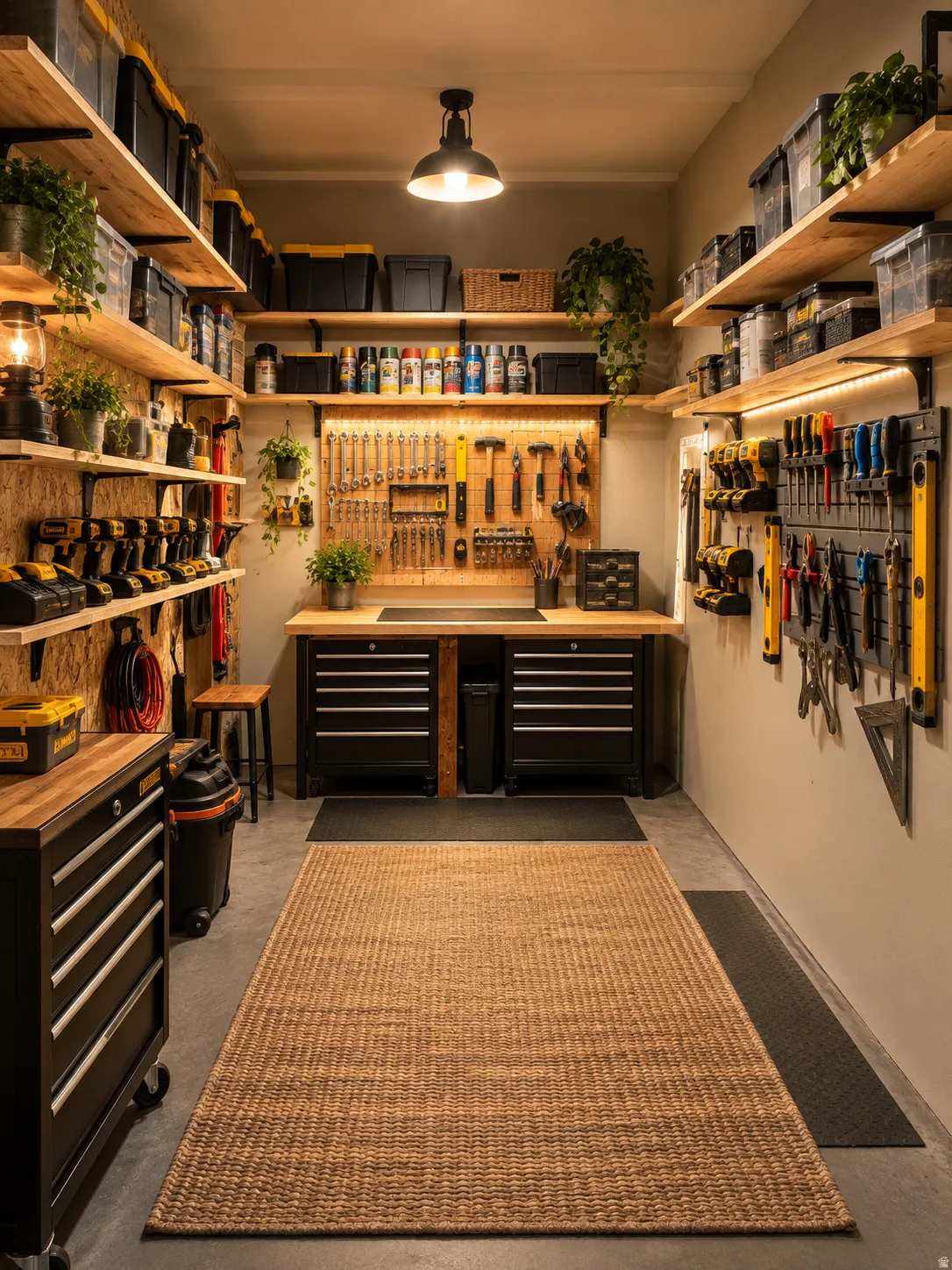 Integrated shelving units, built-in workbench, wall-mounted pegboard storage, overhead task lighting, concrete flooring