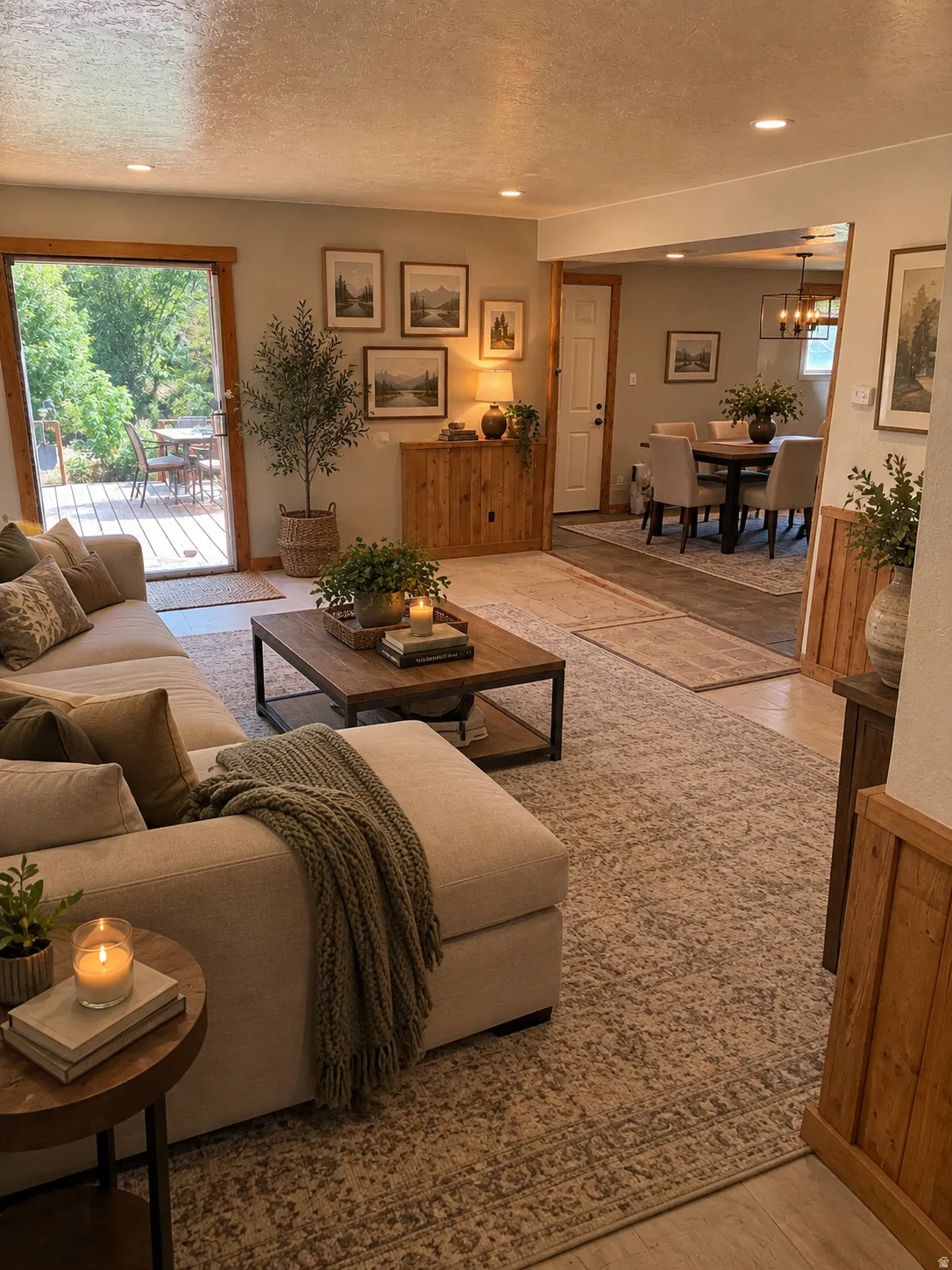 Recessed lighting illuminates the living area, featuring wood-finish flooring and light-toned walls