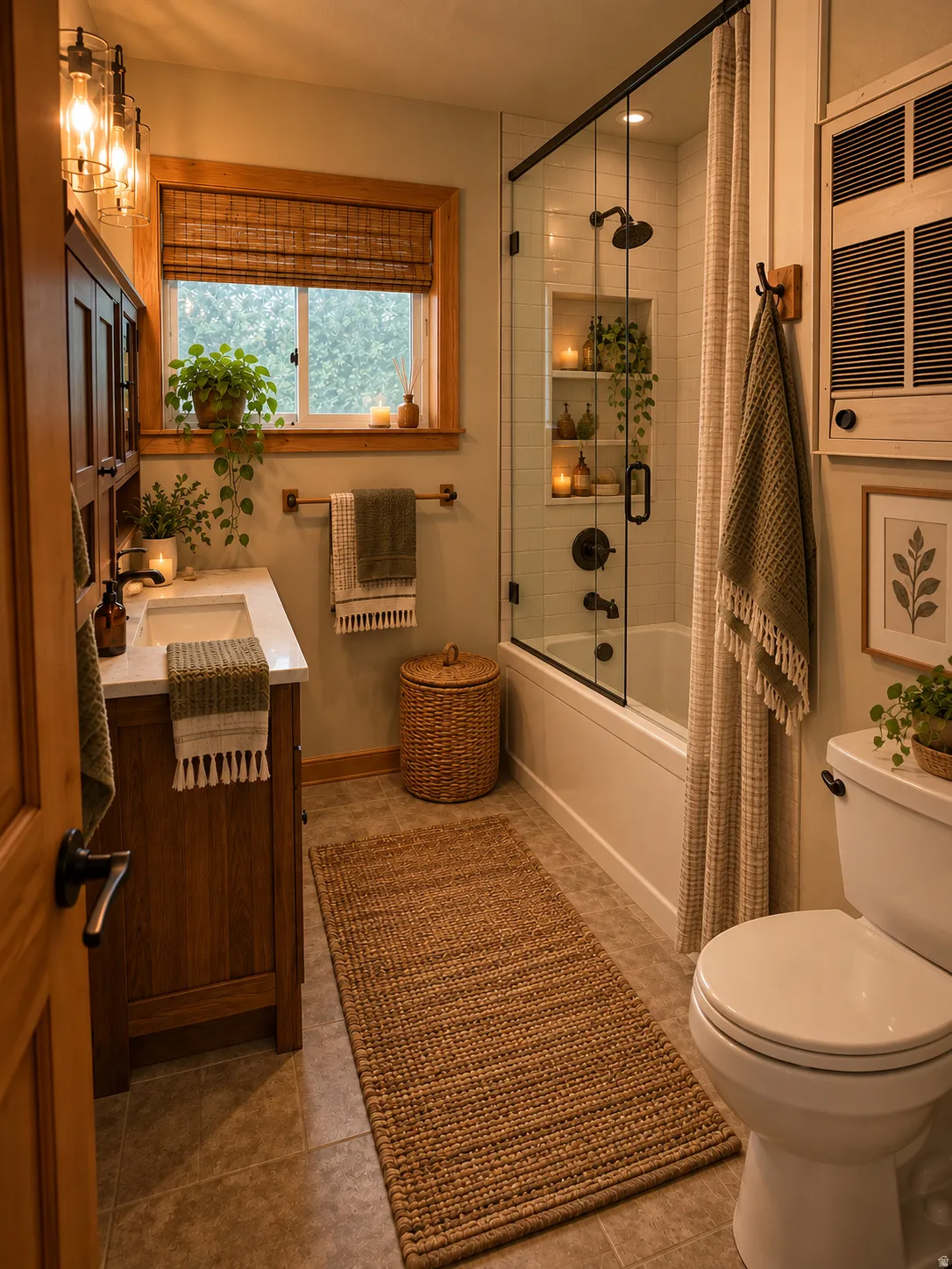 Custom wood vanity with an integrated sink and white countertop